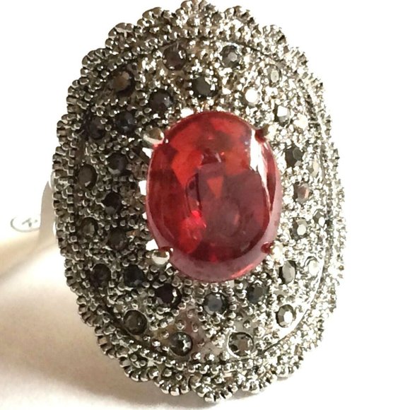 Art Deco Ruby Marcasite Cocktail Ring Size 6 7 Silver Rhodium Plated Simulated - Picture 1 of 12